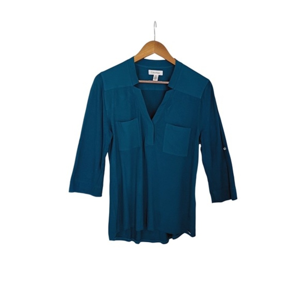 Calvin Klein Teal Blue 3/4 Sleeve V‎ Neck Roll Tab Pocket Shirt Women's M